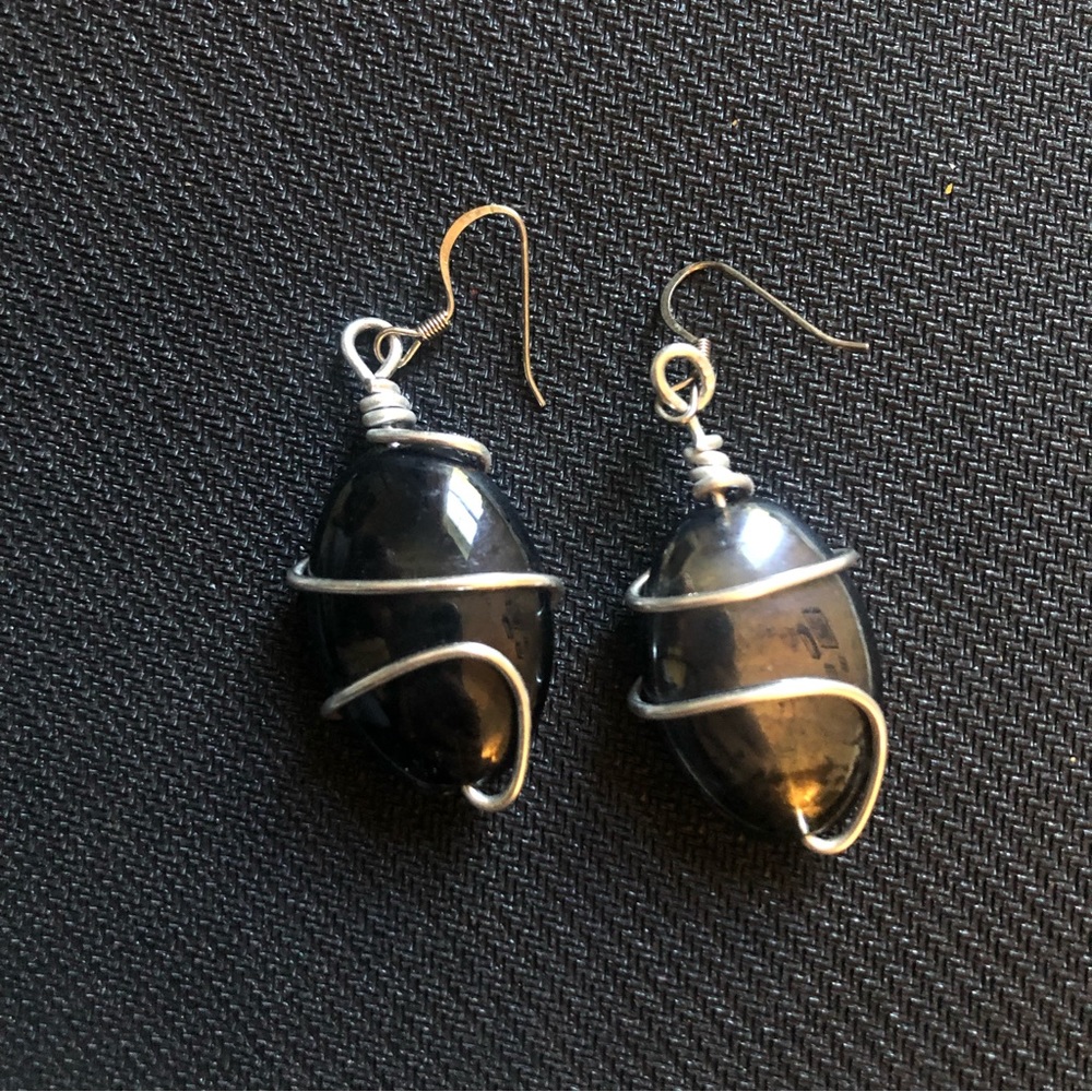 Dangling black obsidian oval, silver wrapped earrings vintage 90’s